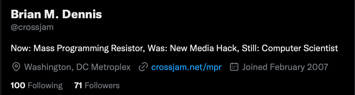 Screenshot of @crossjam Twitter account. Joined February
2007
